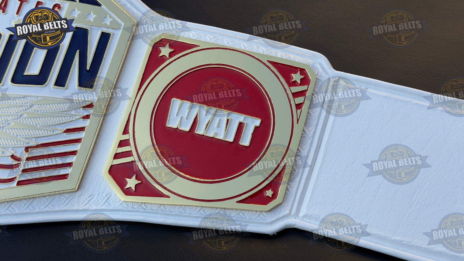 United States wrestling championship belt with mirror finish gold plates, reinforced leather backing