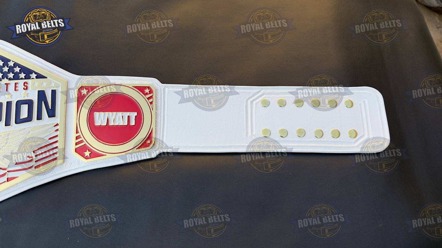 WWE United States championship belt with beveled gold plates, smooth polished finish, adjustable leather