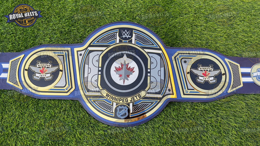 WWE Winnipeg Jets championship belt with gold plated center plate and printed deep blue cowhide leather strap Crafted by Royal Belts