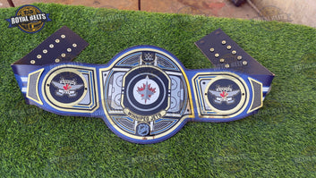 Winnipeg Jets WWE belt featuring engraved team logo plates, polished brass, printed leather strap Crafted by Royal Belts