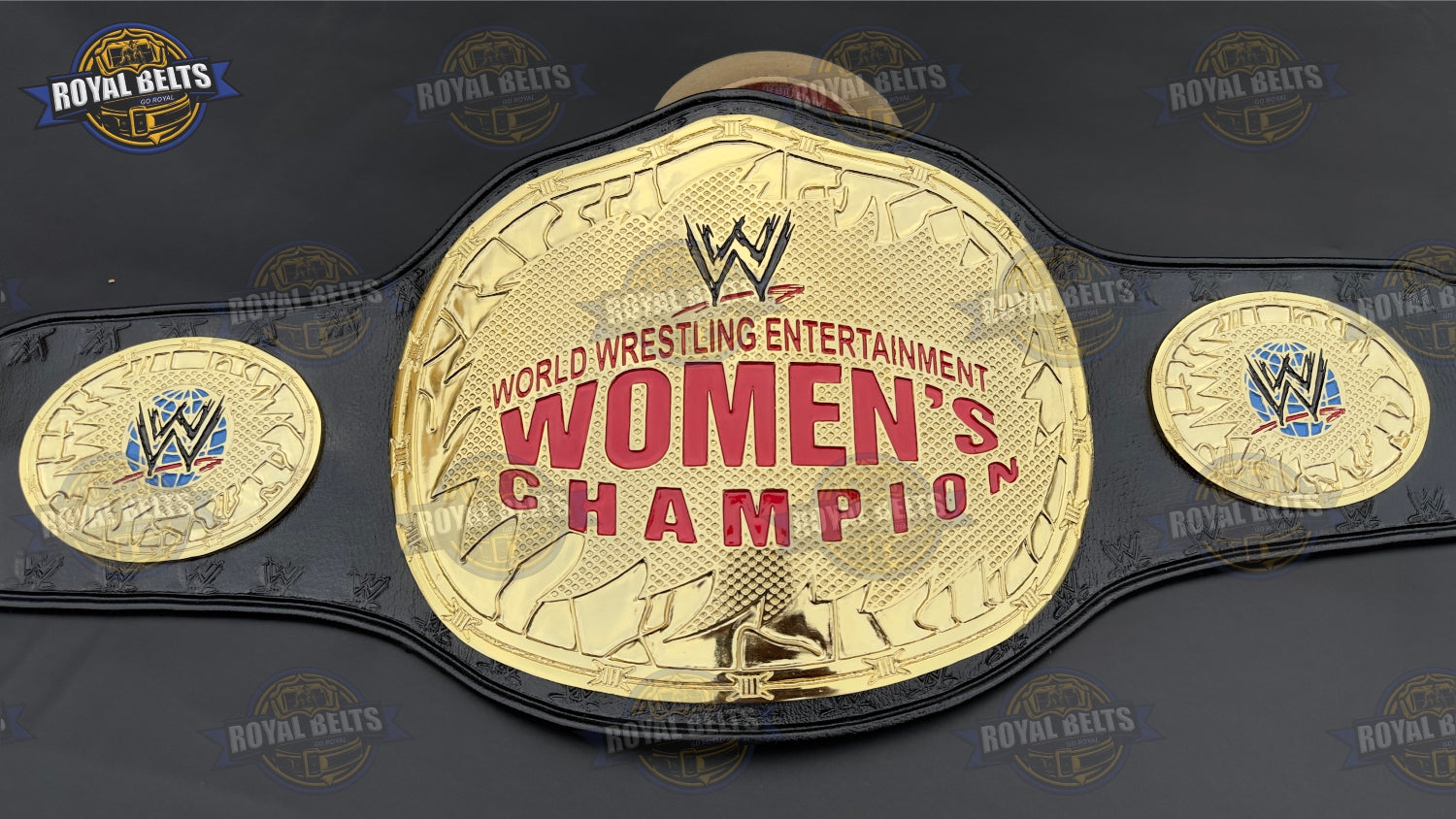 WWE Women’s championship belt with gold plated center plate, white leather strap, snap closure Crafted by Royal Belts