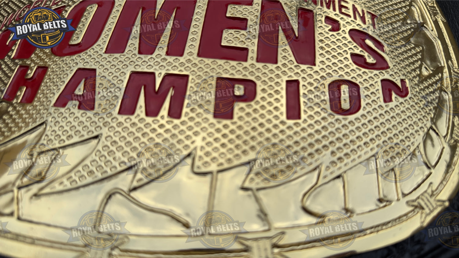 Women’s wrestling championship belt with layered gold plates, high gloss finish, durable leather backing