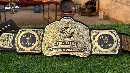 WWE World Tag Team belt with dual gold plated center plates, black leather strap, snap closure Crafted by Royal Belts