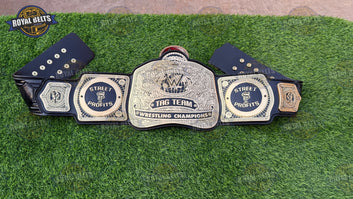 World Tag Team championship belt featuring engraved plates, polished zinc finish, stitched leather backing Crafted by Royal Belts
