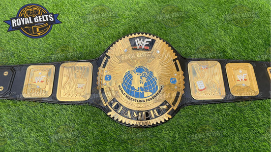 WWF Big Eagle Scratch Logo Hand Flocked Wings Title Belt CNC with detailed engraving and gold plated finish Made by Royal Belts
