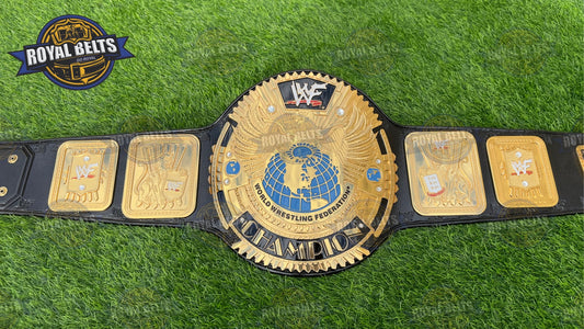 WWF Big Eagle Scratch Logo Belt HD CNC, hand flocked eagle center, stacked gold plates, black leather strap Manufacture by Royal Belts