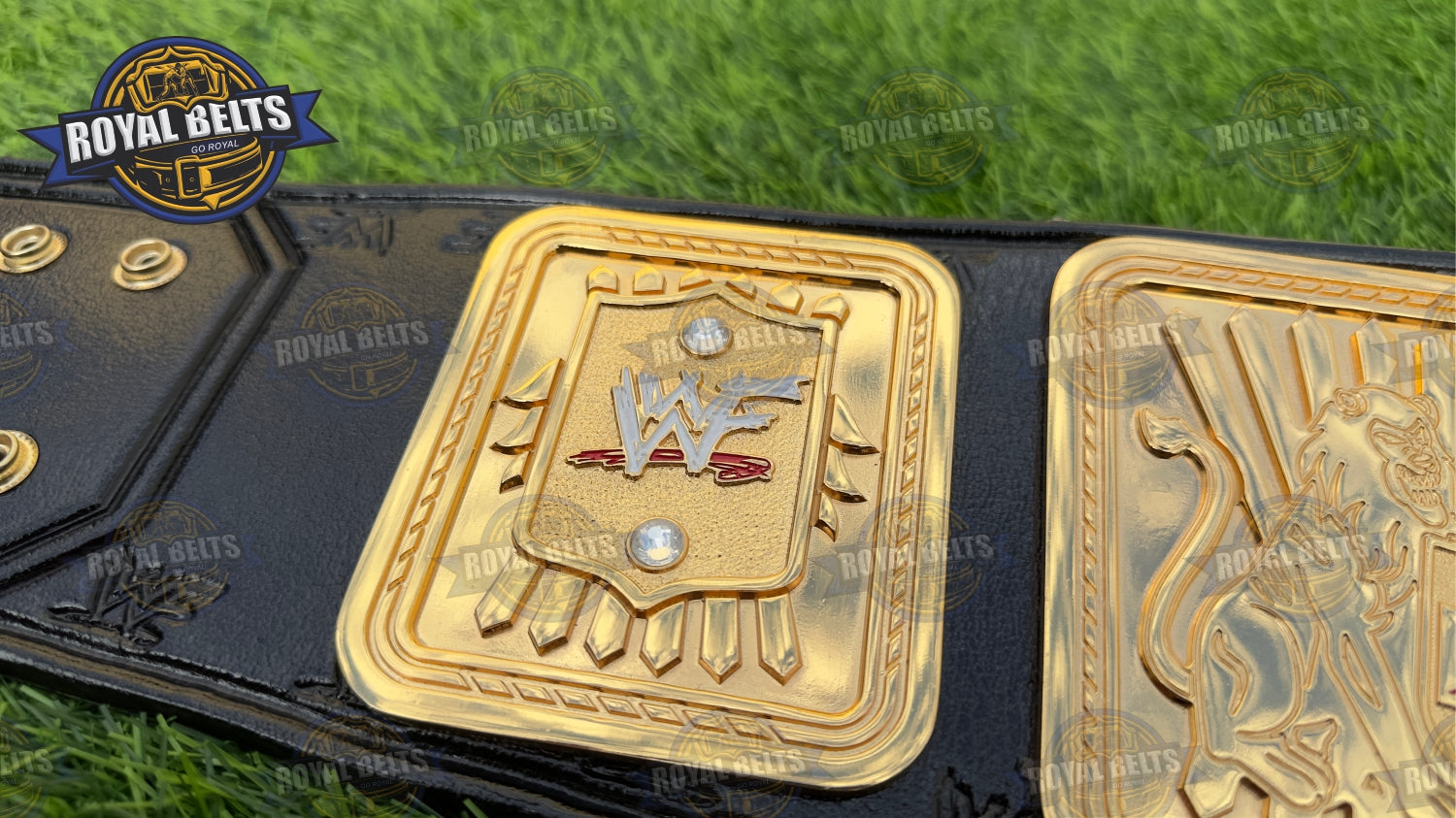 WWF Big Eagle Scratch Logo Belt HD CNC etched letters, layered side panels, polished gold finish