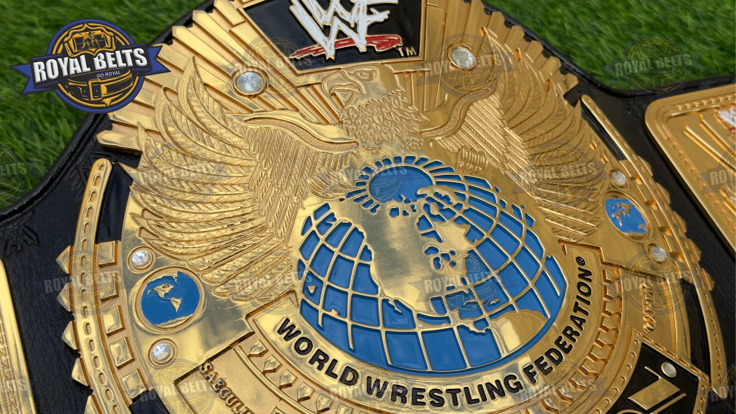 WWF Big Eagle Scratch Logo Belt embossed letters, layered gold plated center, adjustable black strap Manufacture by Royal Belts