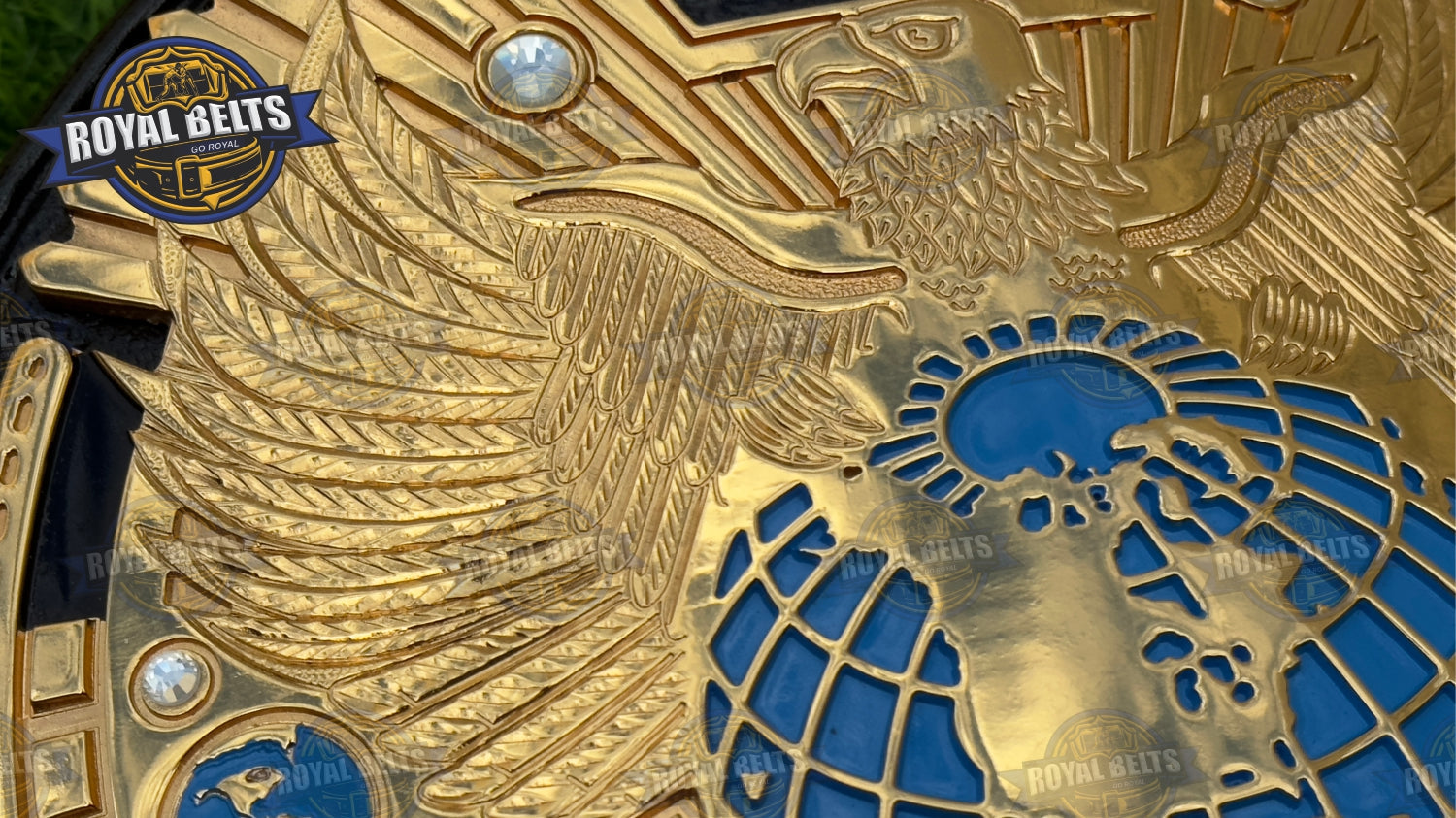 WWF Big Eagle Scratch Logo Belt stacked plated center, mirrored side panels, adjustable strap closure