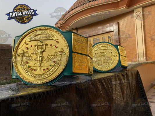 WWF Big Green Wrestling Belt 3D center logo, stacked gold plates, HD CNC engraving, green leather strap  Crafted by Royal Belts