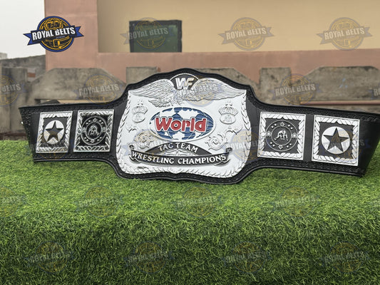 WWF Bulldog Tag Team belt with bulldog center plate, chrome plated metal, black leather strap Crafted by Royal Belts