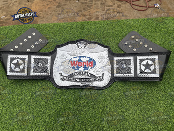 Custom WWF Bulldog tag belt with raised bulldog emblem, mirror polished chrome alloy, stitched leather Crafted by Royal Belts