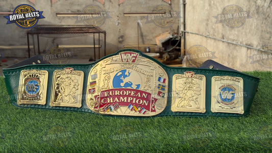 WWF European Block Logo belt with gold plated center plate, green leather strap, snap closure Manufacture by Royal Belts