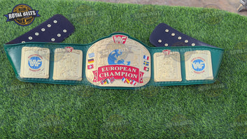 European Block Logo championship belt featuring engraved plates, polished zinc finish, stitched leather