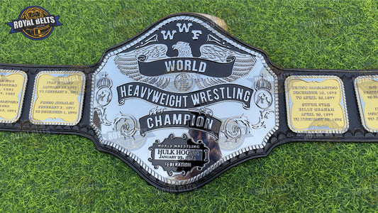 WWF Hogan 84 World Heavyweight belt with dual plated center plate, black leather strap, snap closure Crafted by Royal Belts