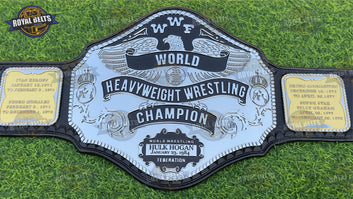 Hulk Hogan 84 championship belt featuring engraved globe plates, polished zinc finish, stitched leather Crafted by Royal Belts