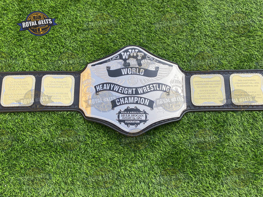Hulk Hogan 1984 WWF championship belt with gold globe plate, black leather strap, classic design Manufacture by Royal Belts