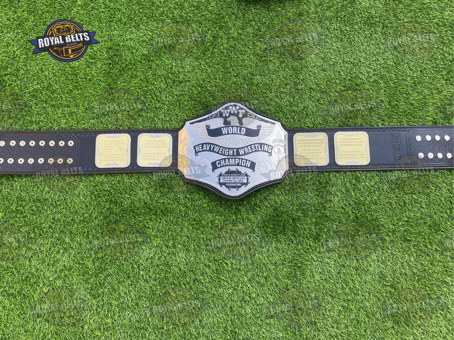 WWF Hogan era title belt crafted with crisp engraving and premium leather construction