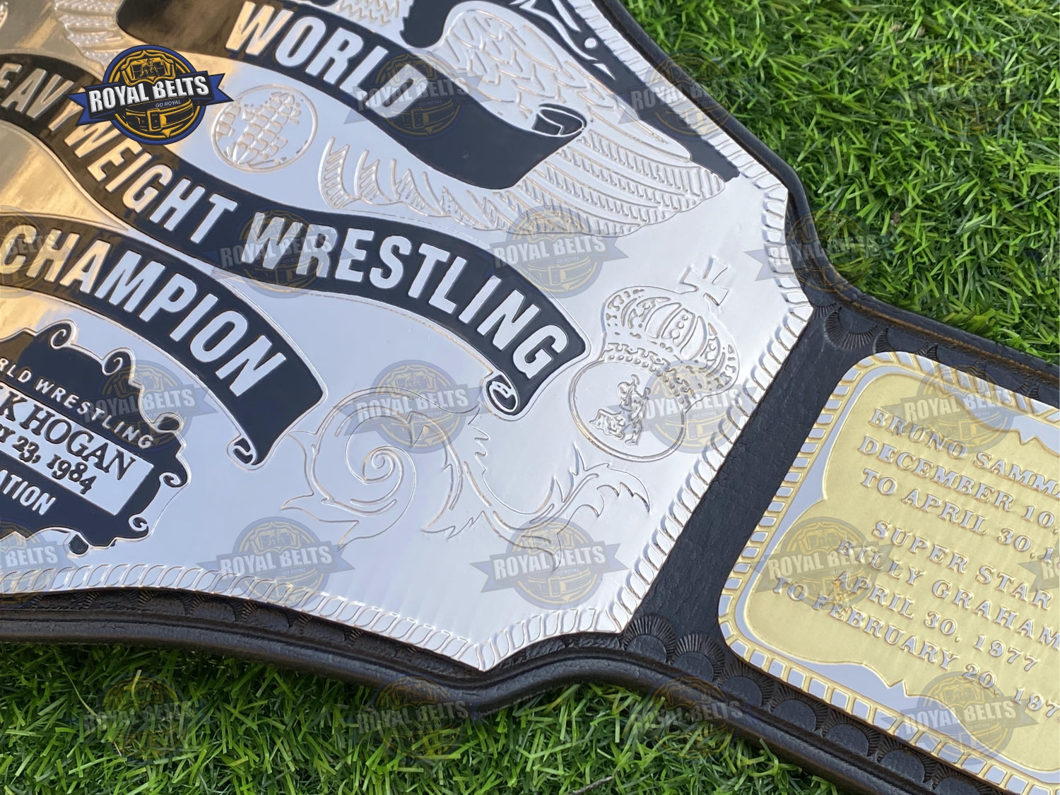 WWF World title belt inspired by Hogan era with clean edges and glossy plating