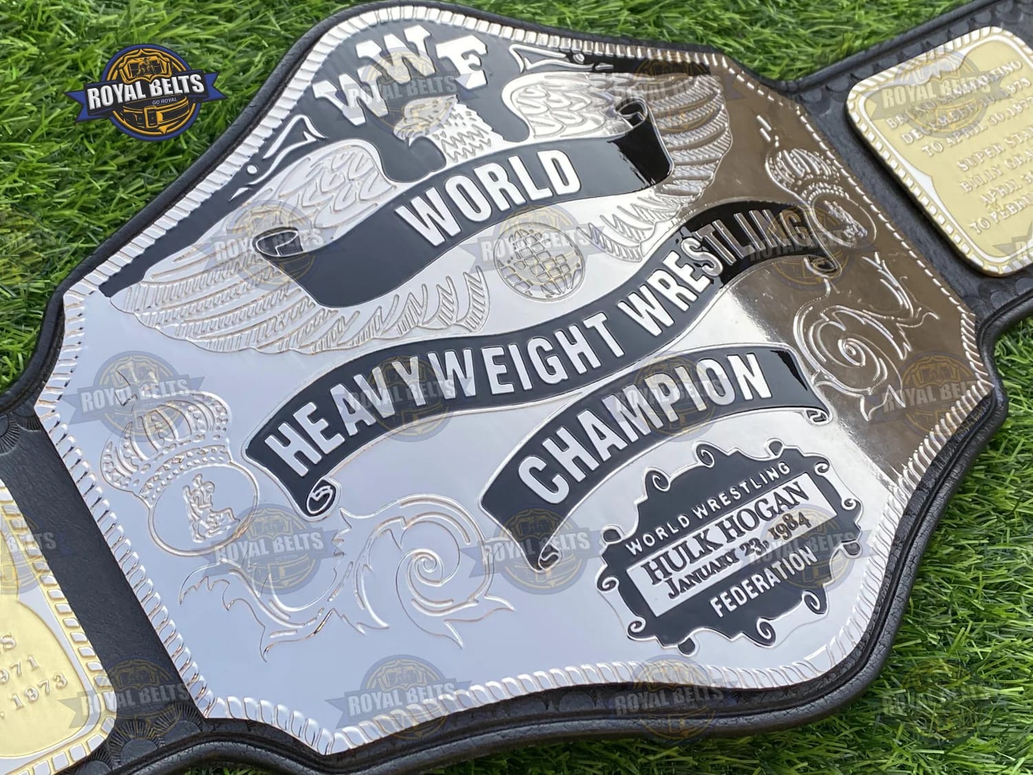 WWF title belt 1984 style with smooth leather texture and durable snap fasteners