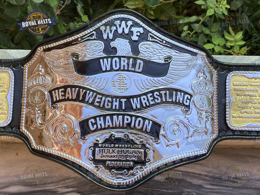 WWF Hulk Hogan 84 World Heavyweight belt with oversized dual center plate, black leather strap, snap closure Made by Royal Belts