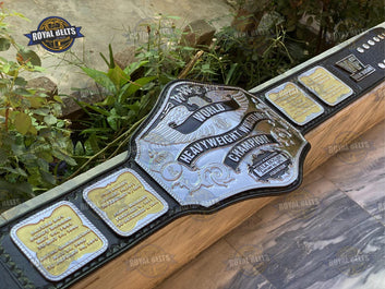 Hulk Hogan 1984 championship belt featuring engraved WWF logo plates, polished dual finish, genuine leather Made by Royal Belts