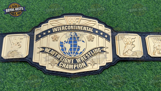 WWF Intercontinental championship belt 3D CNC with gold plates and black leather strap Made by Royal Belts