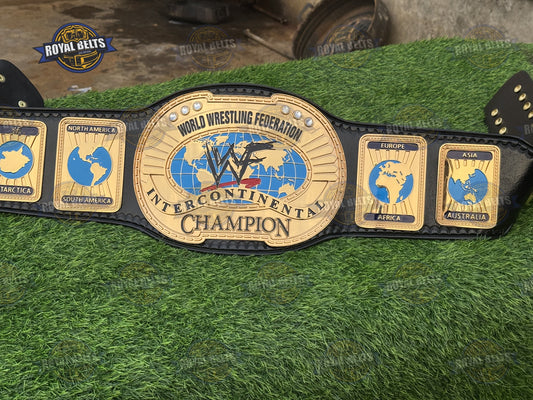 WWF Intercontinental Championship Title Belt HD CNC gold center plate with black stitched leather strap and snap closure Manufacture by Royal Belts