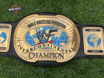 WWF Intercontinental Championship Title Belt HD CNC heavyweight gold plates with engraved globe and side plates