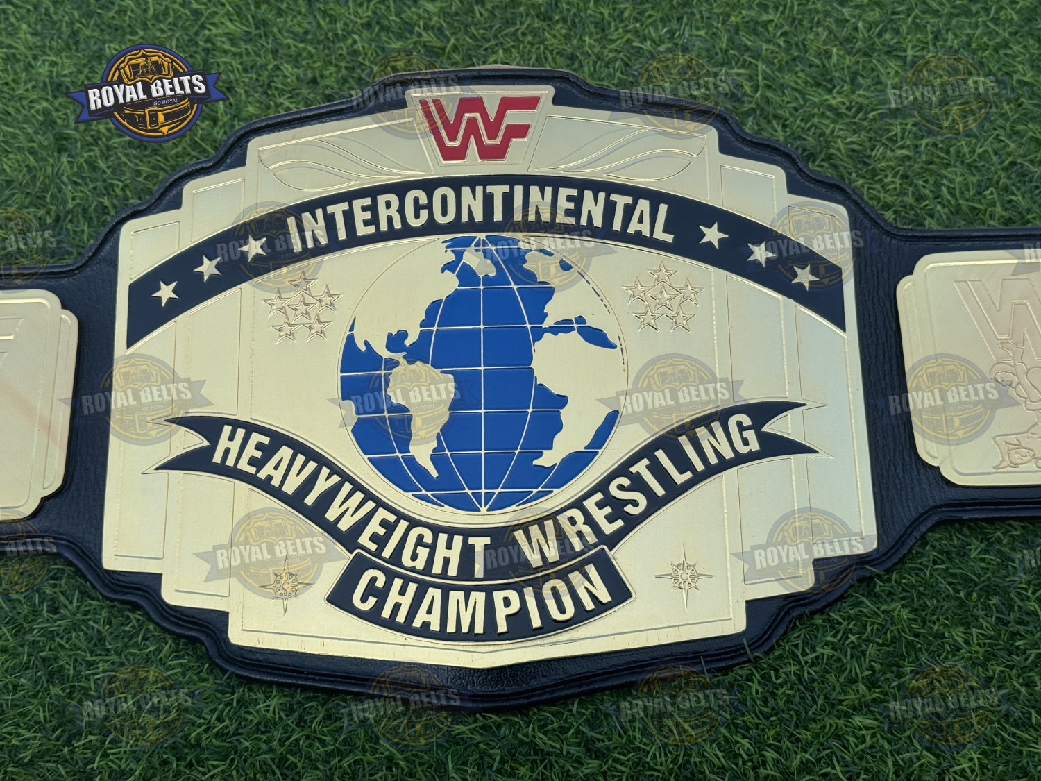 WWF Intercontinental Red Logo Championship Title Belt HD CNC gold center plate with black stitched leather strap Made by Royal Belts