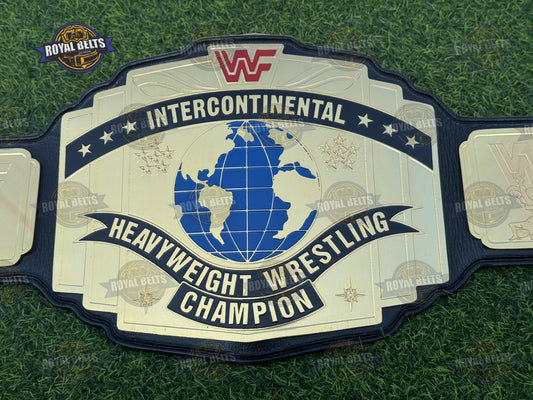 WWF Intercontinental Red Logo Championship Title Belt HD CNC gold center plate with black stitched leather strap Made by Royal Belts