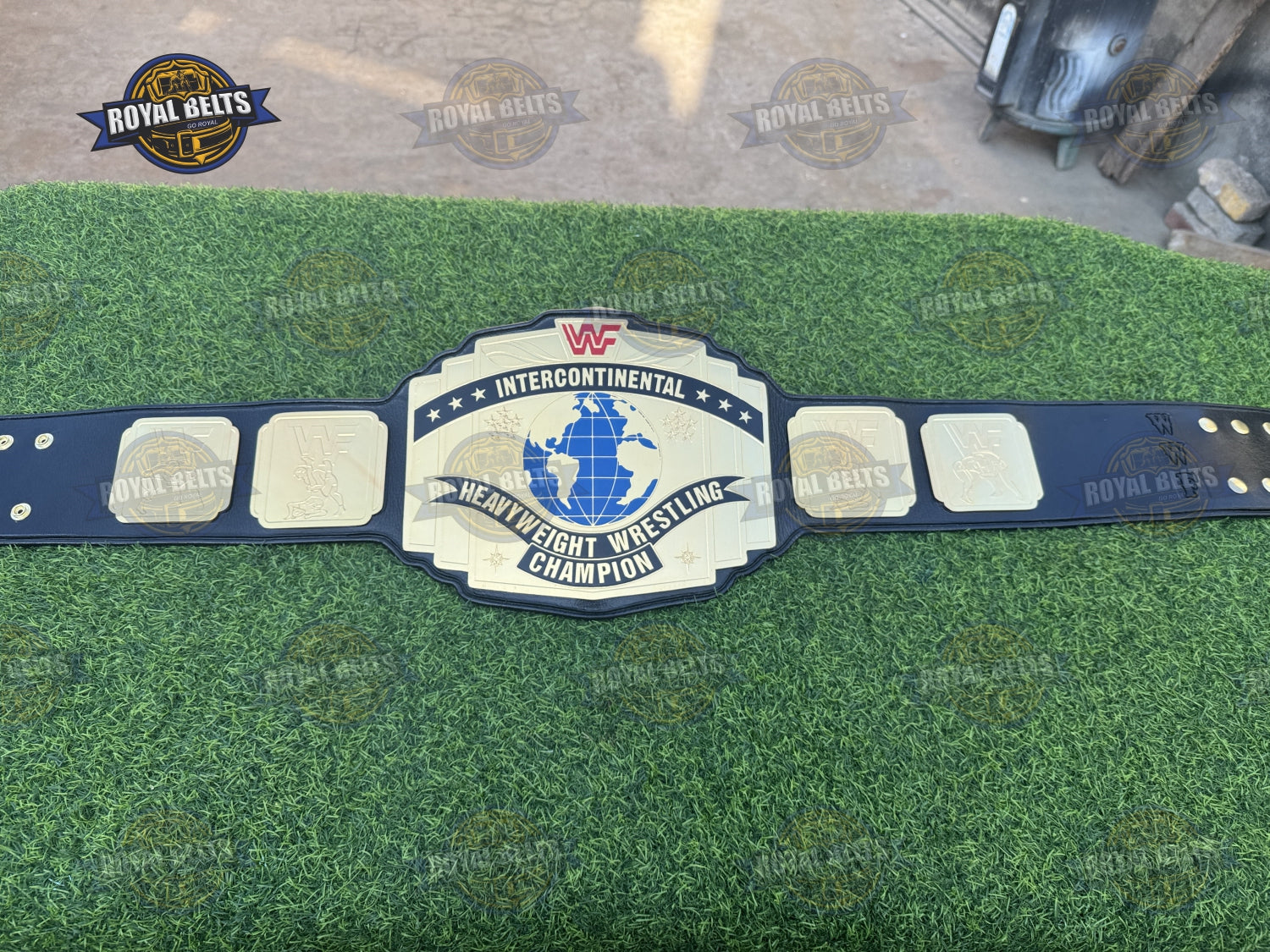 WWF Intercontinental Red Logo Championship Title Belt mirror polished gold plates with flexible stitched leather strap Made by Royal Belts