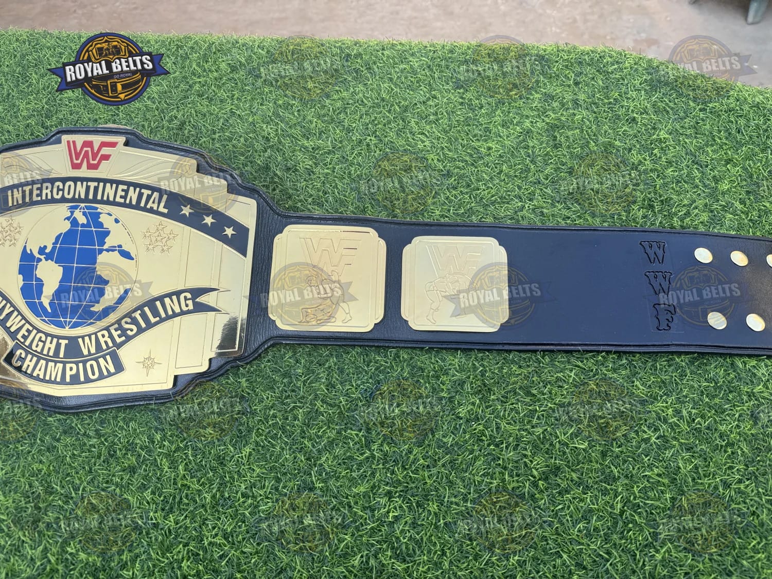 WWF Intercontinental Red Logo Championship Title Belt heavyweight gold plates with intricate engraved borders Made by Royal Belts