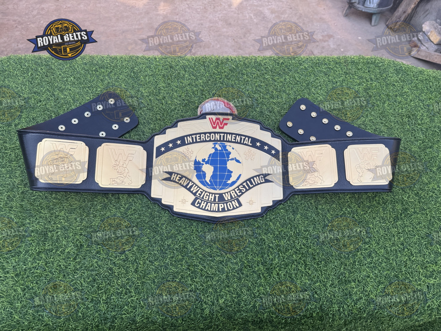 WWF Intercontinental Red Logo Championship Title Belt beveled edges with reinforced snap fasteners for secure fit