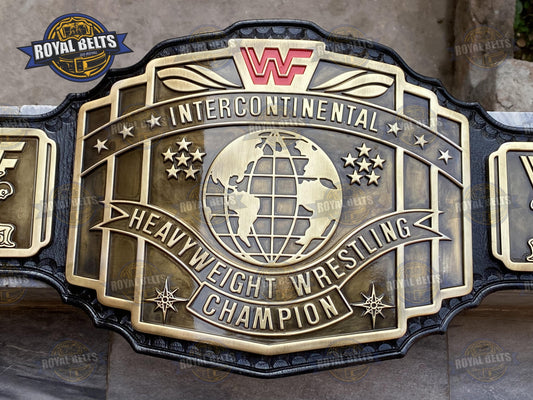WWF Intercontinental Red Logo Belt HD CNC engraved, antique gold plating, stacked center plate, black leather Made by Royal Belts