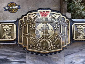 WWF IC Red Logo Championship Belt raised 3D globe, antique finish, stitched black leather strap Made by Royal Belts