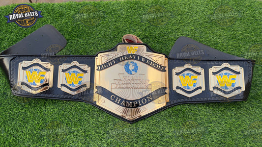 WWF Light Heavyweight belt HD CNC with gold center plate, black stitched leather strap, detailed engraved logos Manufacture by Royal Belts