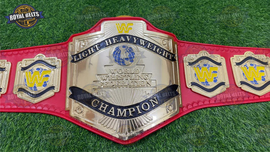 WWF Light Heavyweight championship belt with gold plated center plate, Red leather strap, snap closure Made by Royal Belts