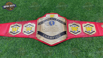 Custom WWF Light Heavyweight belt with raised center emblem, mirror polished gold alloy, adjustable leather Made by Royal Belts