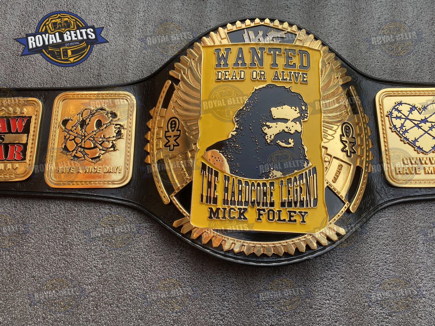 Mick Foley Hardcore WWF Title Belt deep CNC carving, distressed metal look, stitched leather backing Crafted by Royal Belts