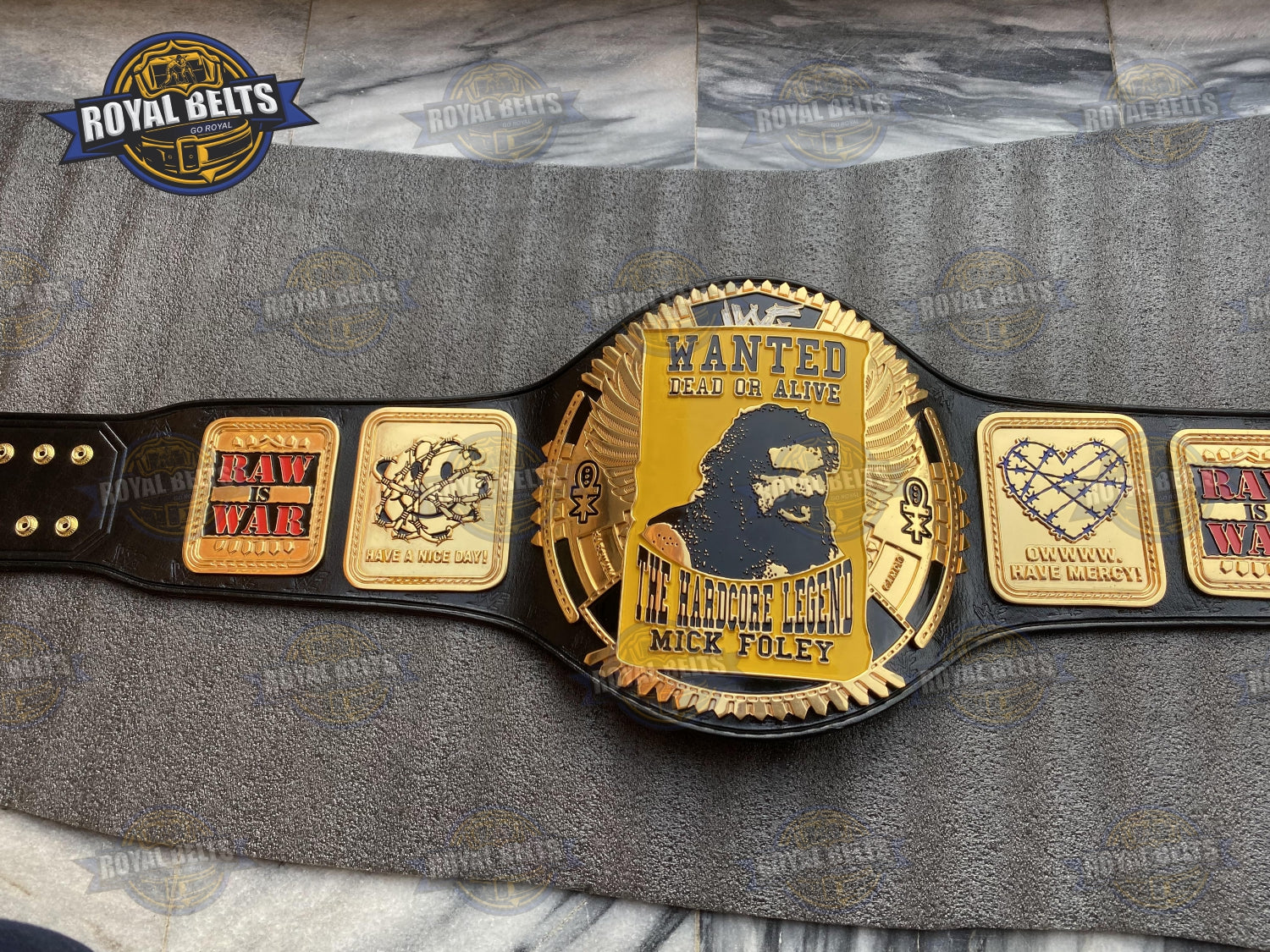 WWF Hardcore Legend Mick Foley Belt HD CNC center plate, bold raised text, reinforced leather strap