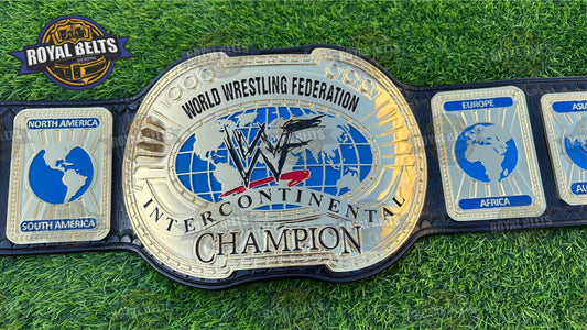 WWF Oval IC Scratch Logo Title Belt with oval center plate, scratch logo engraving, black leather strap Manufacture by Royal Belts