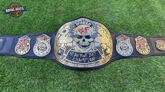 WWF Smoking Skull Heavyweight belt with skull center plate, gold plated metal, black leather strap Crafted by Royal Belts