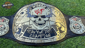 Smoking Skull Heavyweight championship belt featuring engraved skull plates, polished zinc finish, leather Crafted by Royal Belts