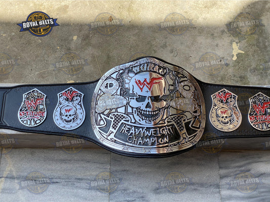 WWF Smoking Skull Stone Cold belt with chrome plated center plate, black leather strap, snap closure Manufacture by Royal Belts