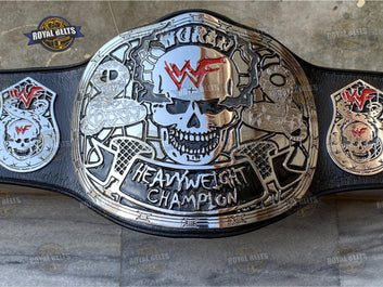 Stone Cold wrestling championship belt featuring engraved skull side plates, polished zinc finish, stitched leather Manufacture by Royal Belts
