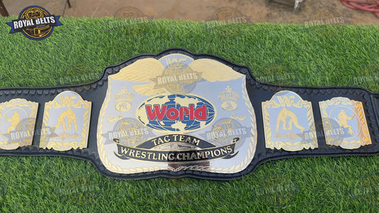 WWF Tag Team brass plated belt with dual center plates, polished brass metal, black leather strap Manufacture by Royal Belts