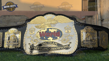 Tag Team championship belt featuring brass plated plates, engraved detailing, stitched leather backing