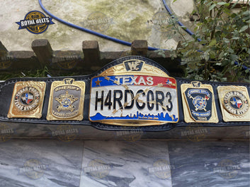 Texas Hardcore championship belt featuring stacked plates, engraved details, polished zinc, leather backing Made by Royal Belts