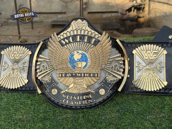 WWF Wing Eagle Hand Flocked Eagle HD CNC Title Belt gold domed center plate with black stitched leather strap Made by Royal Belts